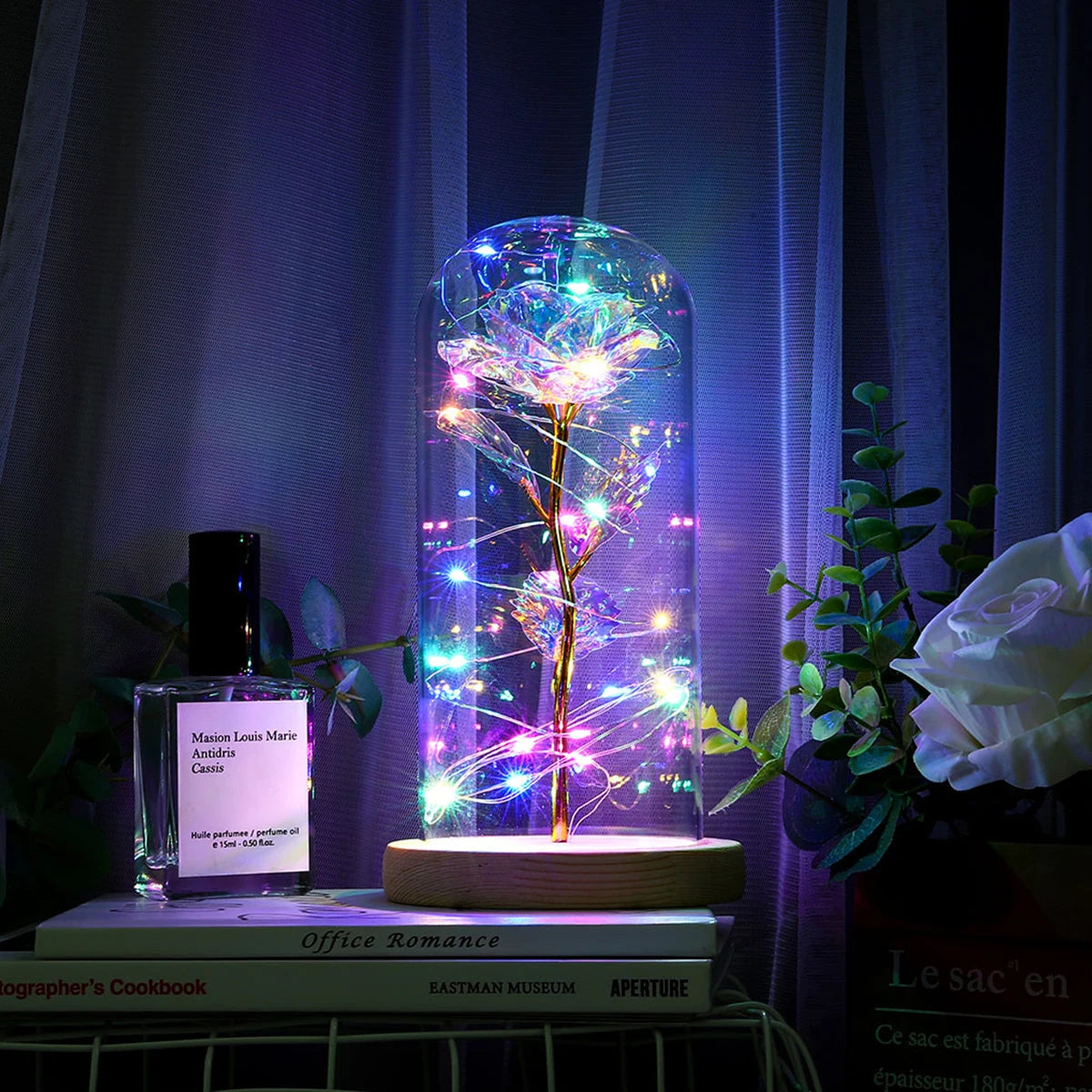 Planta Artificial Rosa Galáxia com Borboleta - Brilho Estrelado Com Led