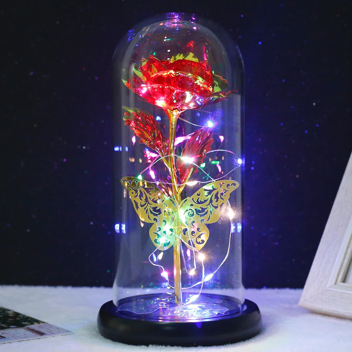 Planta Artificial Rosa Galáxia com Borboleta - Brilho Estrelado Com Led