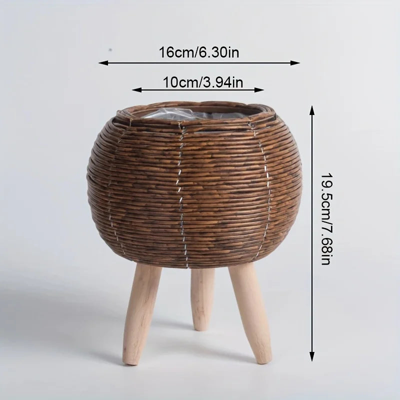 Vaso Decorativo de Vime e Madeira - Armazenamento Estiloso para Plantas e Ambientes