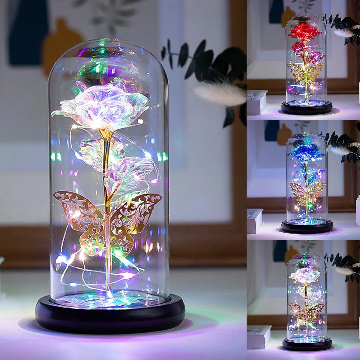 Planta Artificial Rosa Galáxia com Borboleta - Brilho Estrelado Com Led