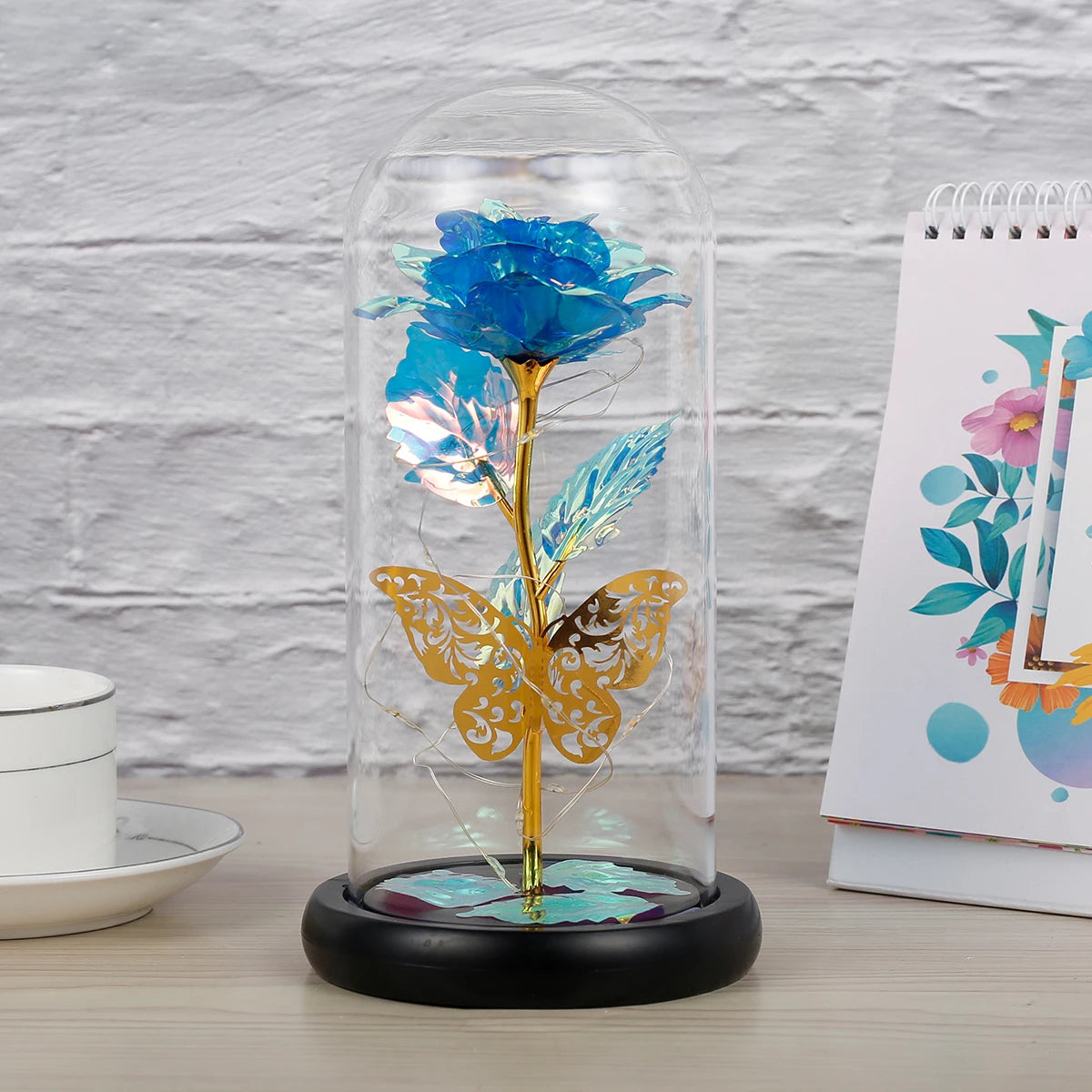 Planta Artificial Rosa Galáxia com Borboleta - Brilho Estrelado Com Led