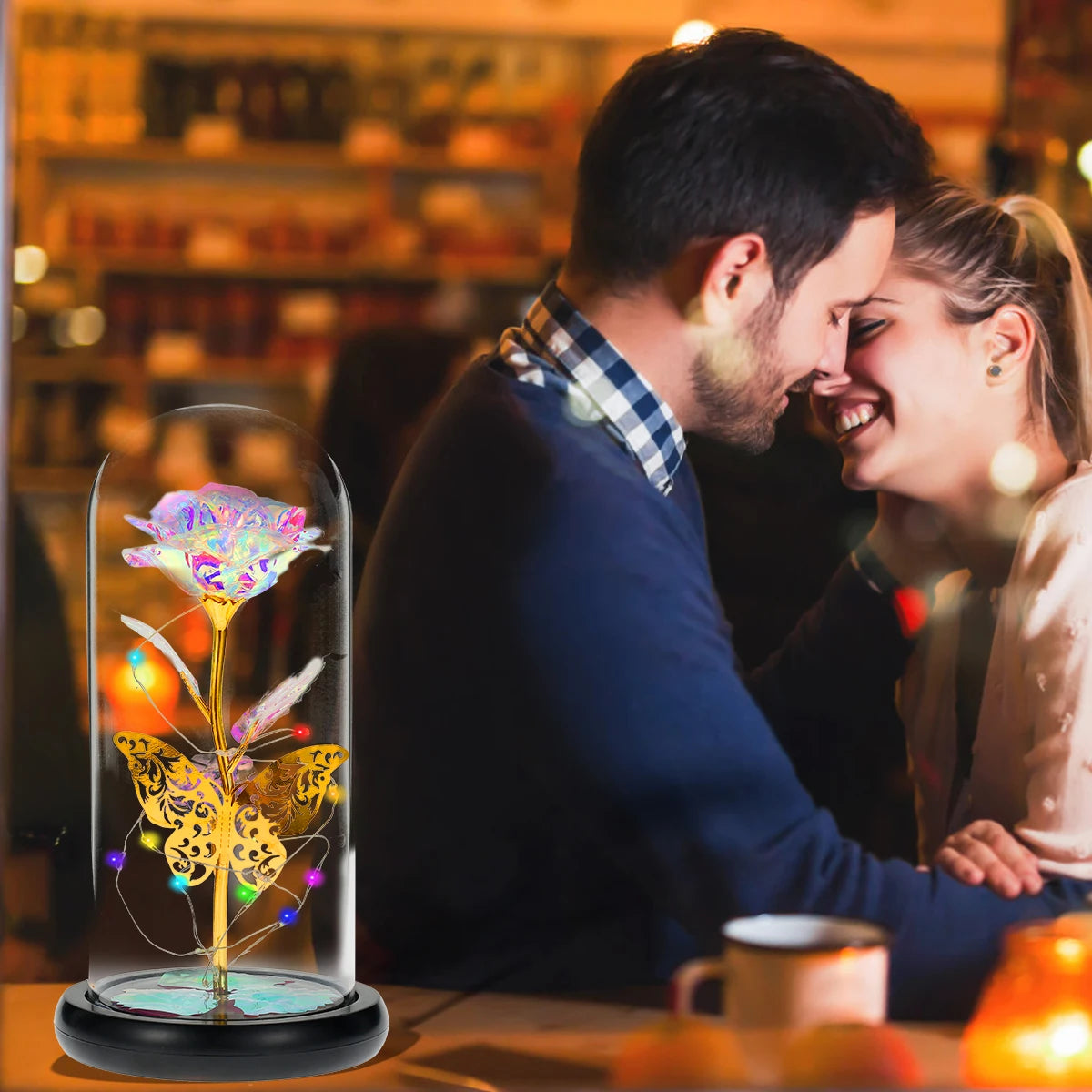 Planta Artificial Rosa Galáxia com Borboleta - Brilho Estrelado Com Led