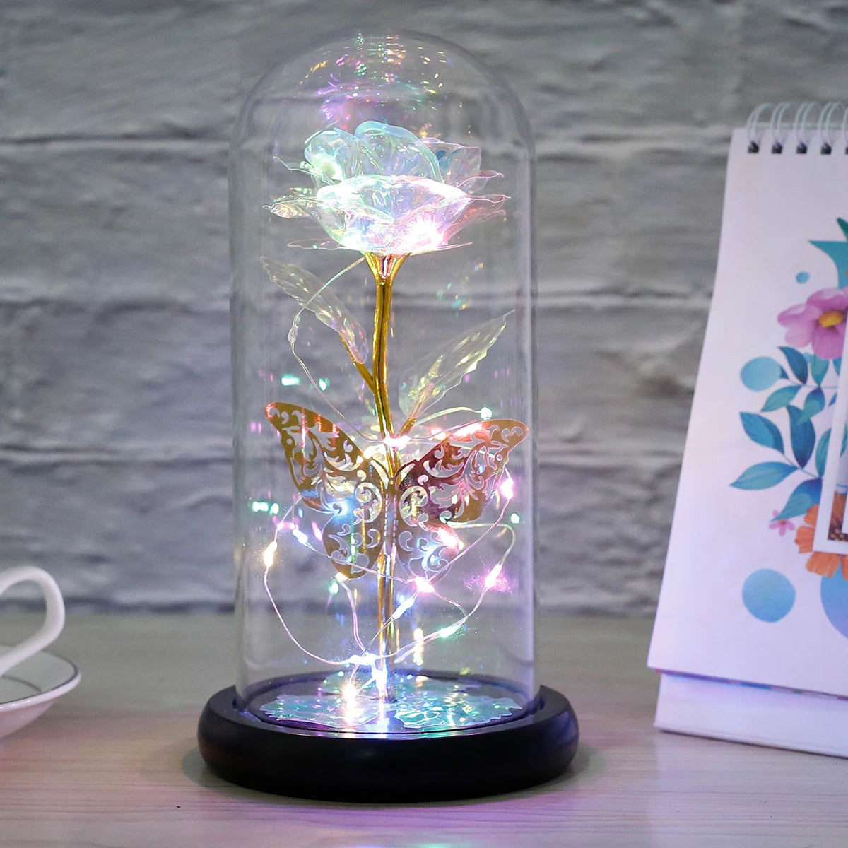 Planta Artificial Rosa Galáxia com Borboleta - Brilho Estrelado Com Led