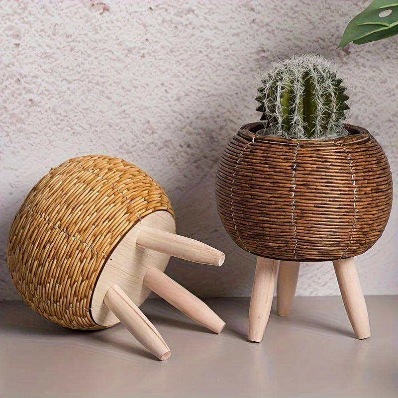 Vaso Decorativo de Vime e Madeira - Armazenamento Estiloso para Plantas e Ambientes