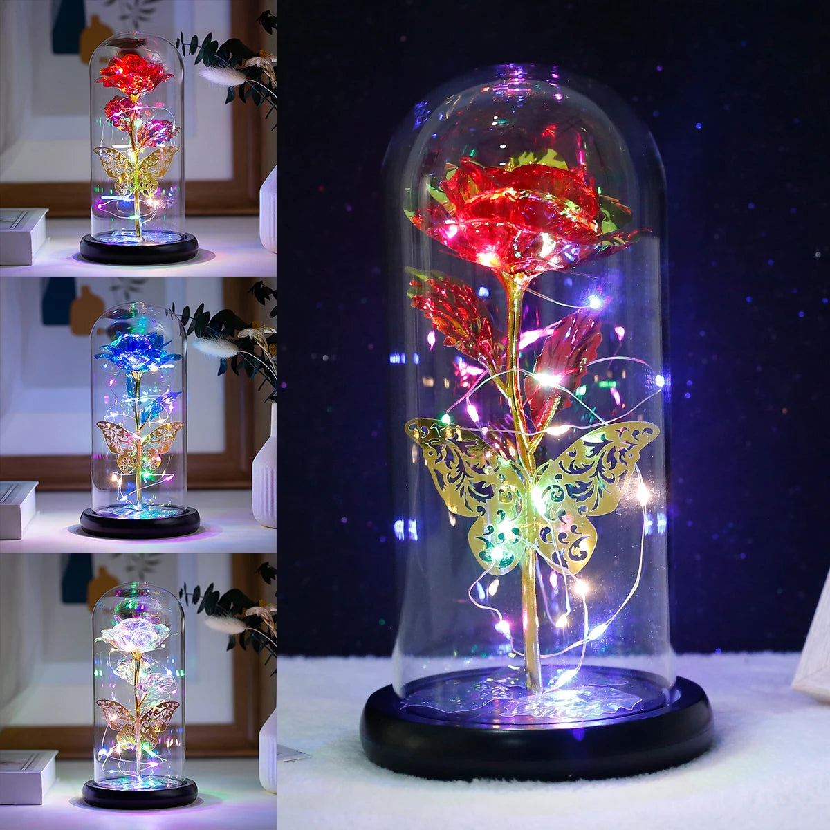 Planta Artificial Rosa Galáxia com Borboleta - Brilho Estrelado Com Led