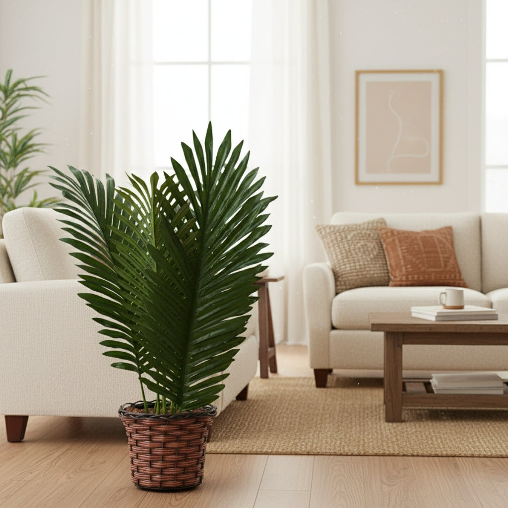 Arranjo Palmeira Coqueiro Com 3 Folhas + Vaso trançado + Casca de Árvore + Argila