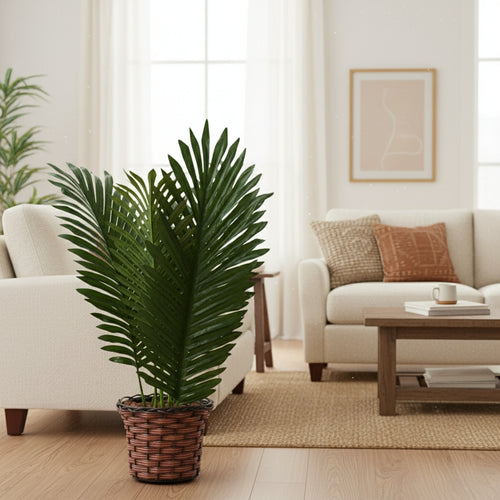 Arranjo Palmeira Coqueiro Com 3 Folhas + Vaso trançado + Casca de Árvore + Argila