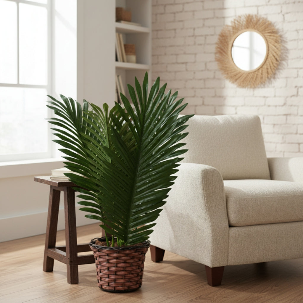 Arranjo Palmeira Coqueiro Com 3 Folhas + Vaso trançado + Casca de Árvore + Argila