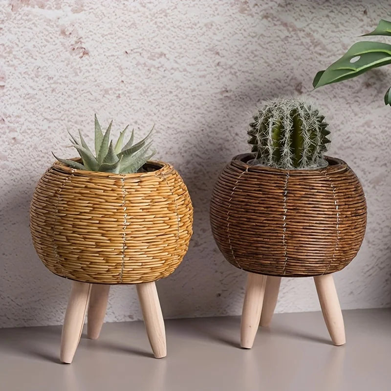 Vaso Decorativo de Vime e Madeira - Armazenamento Estiloso para Plantas e Ambientes