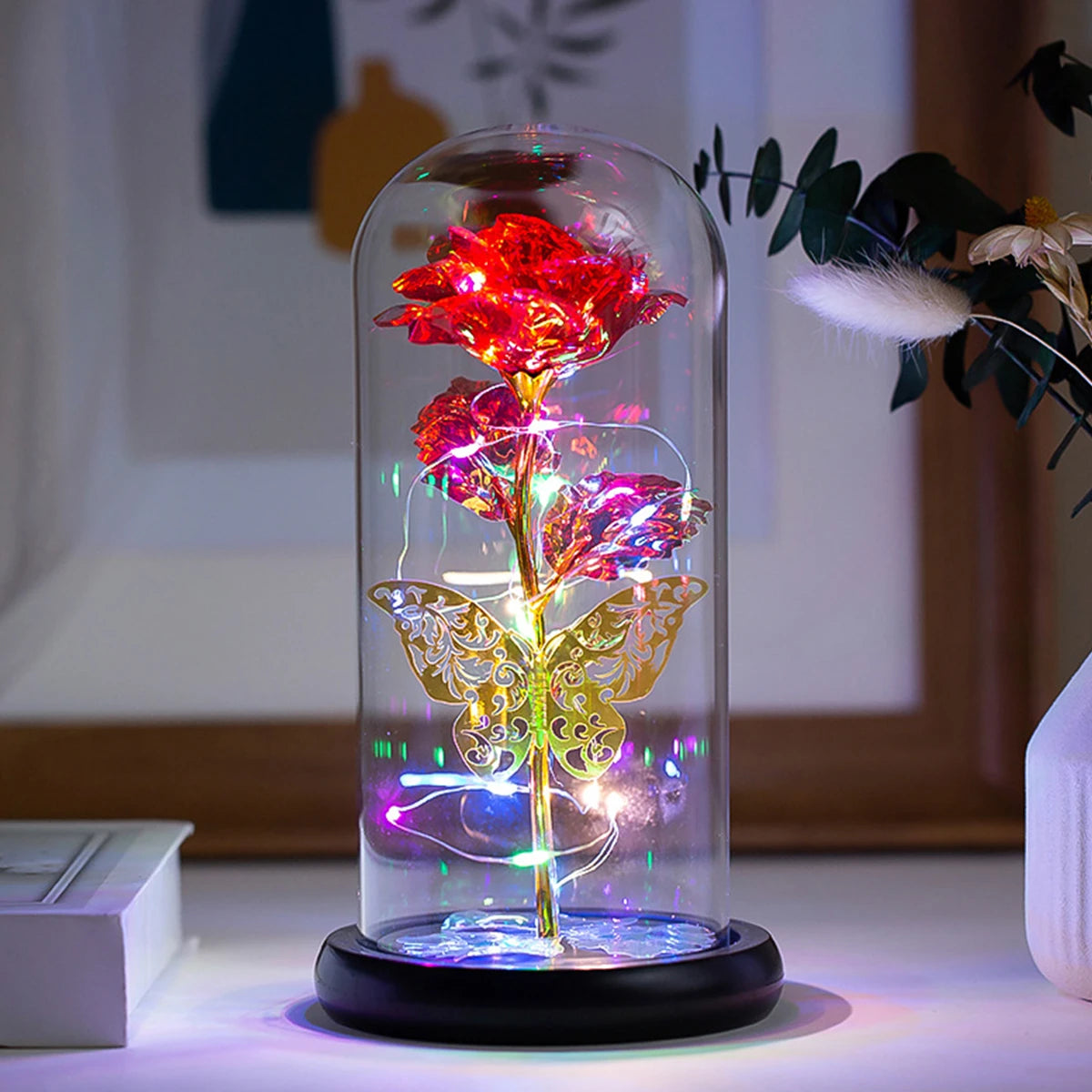 Planta Artificial Rosa Galáxia com Borboleta - Brilho Estrelado Com Led