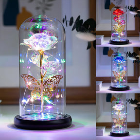 Planta Artificial Rosa Galáxia com Borboleta - Brilho Estrelado Com Led