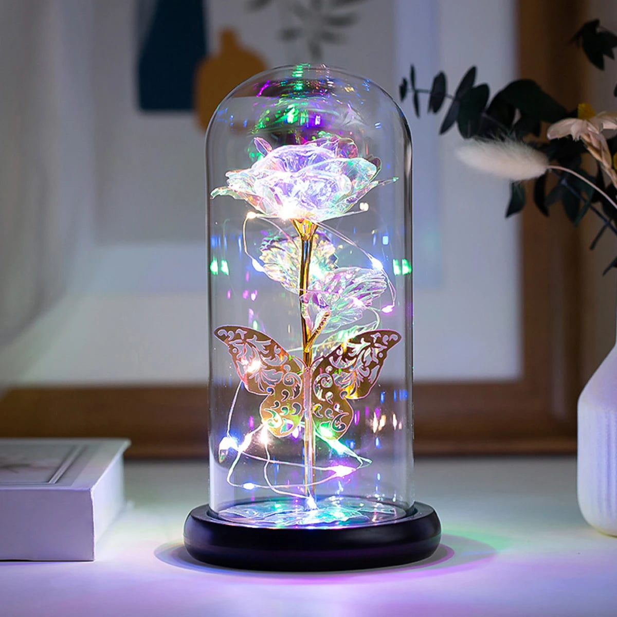 Planta Artificial Rosa Galáxia com Borboleta - Brilho Estrelado Com Led