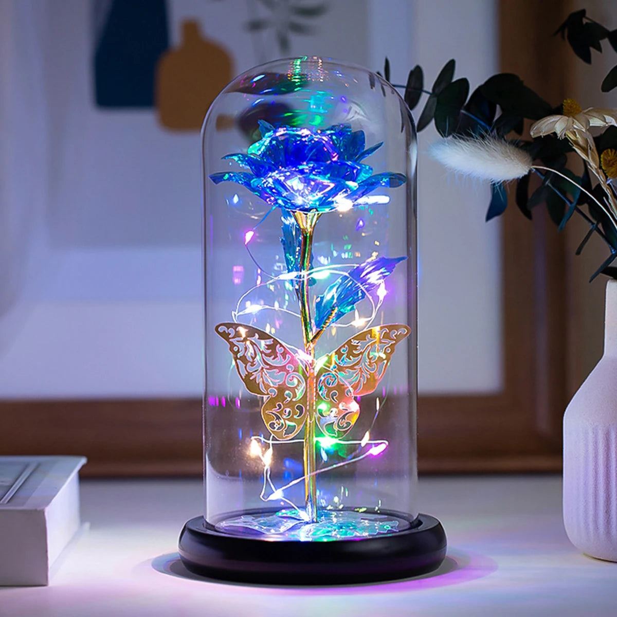 Planta Artificial Rosa Galáxia com Borboleta - Brilho Estrelado Com Led