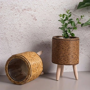 Vaso Decorativo de Vime e Madeira - Armazenamento Estiloso para Plantas e Ambientes