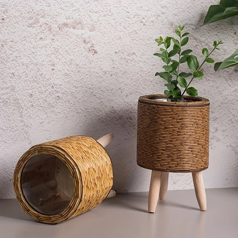 Vaso Decorativo de Vime e Madeira - Armazenamento Estiloso para Plantas e Ambientes