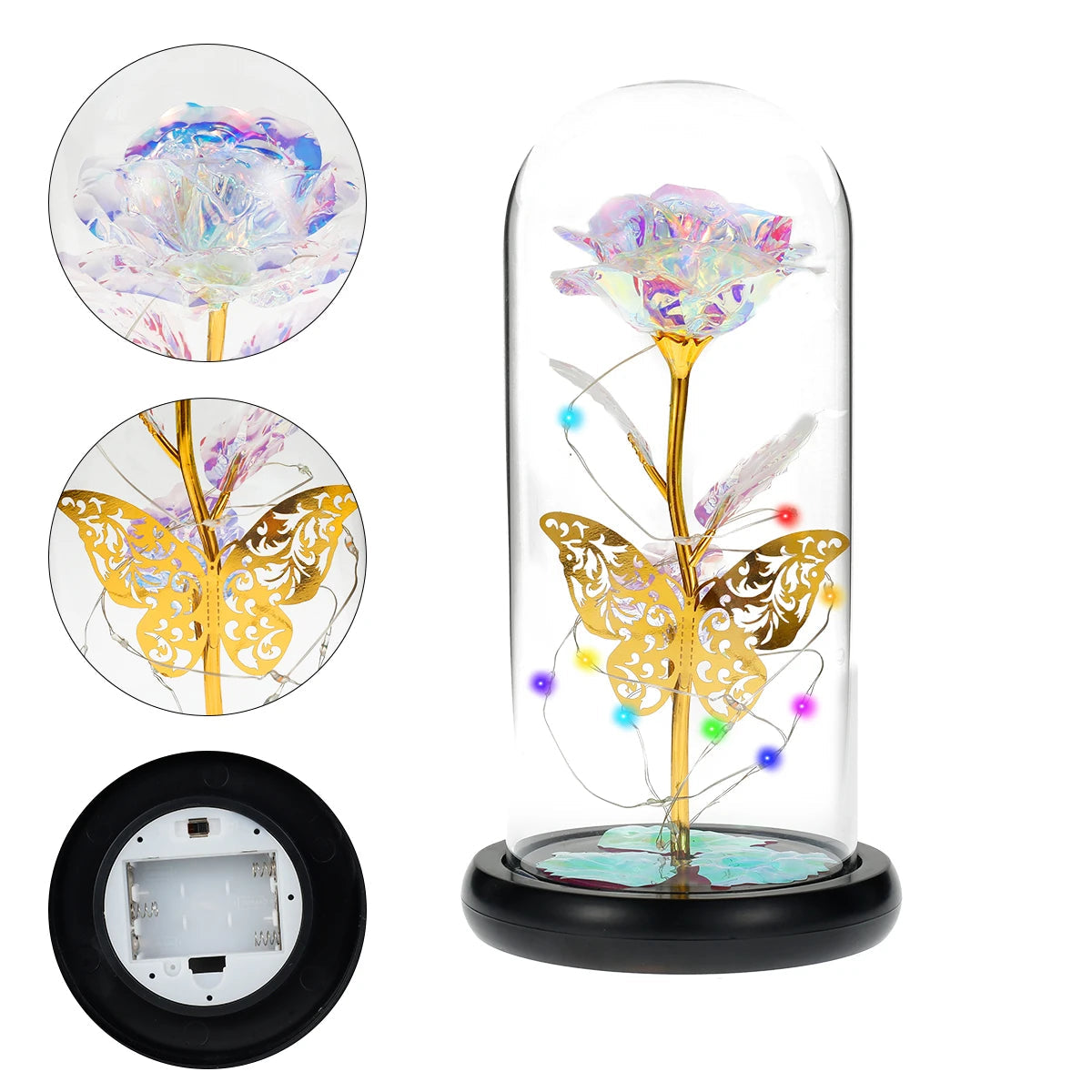 Planta Artificial Rosa Galáxia com Borboleta - Brilho Estrelado Com Led