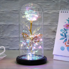 Planta Artificial Rosa Galáxia com Borboleta - Brilho Estrelado Com Led