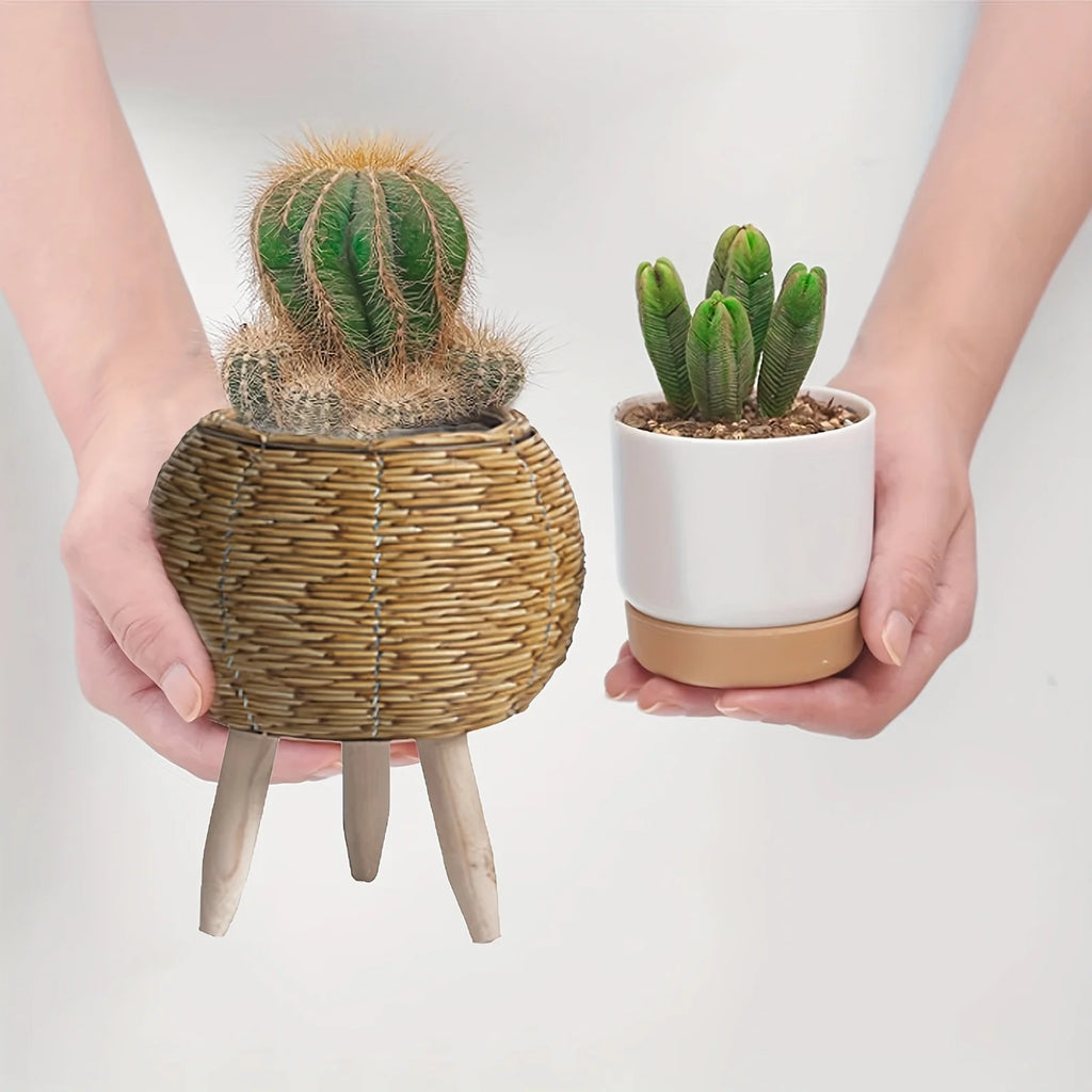 Vaso Decorativo de Vime e Madeira - Armazenamento Estiloso para Plantas e Ambientes