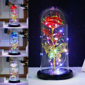 Planta Artificial Rosa Galáxia com Borboleta - Brilho Estrelado Com Led