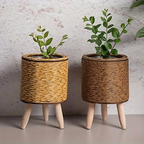Vaso Decorativo de Vime e Madeira - Armazenamento Estiloso para Plantas e Ambientes