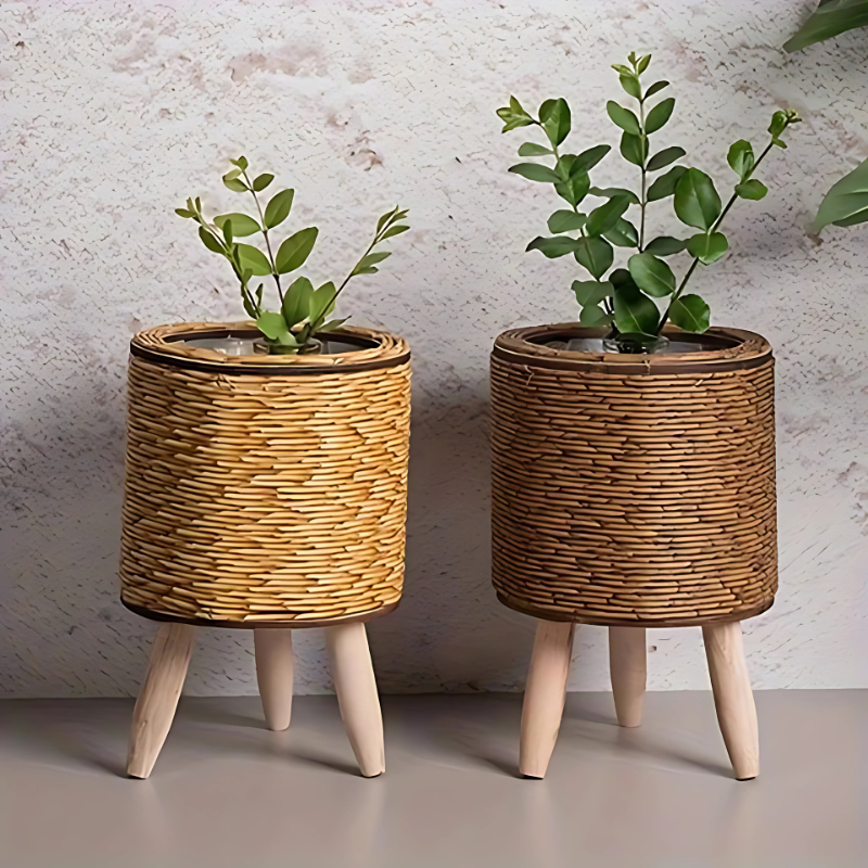 Vaso Decorativo de Vime e Madeira - Armazenamento Estiloso para Plantas e Ambientes